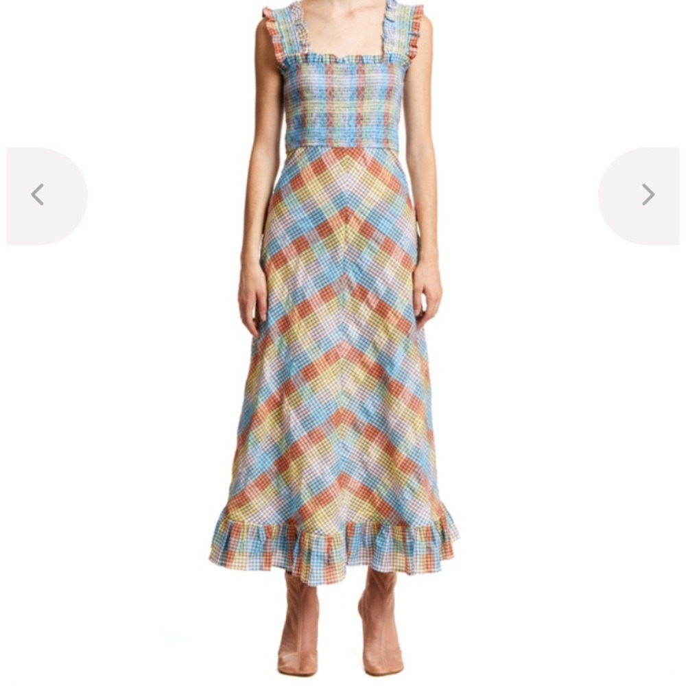 GANNI Multicolor Seersucker Check Smocked‎ Camisole Midi Sun Dress 38 (M US)